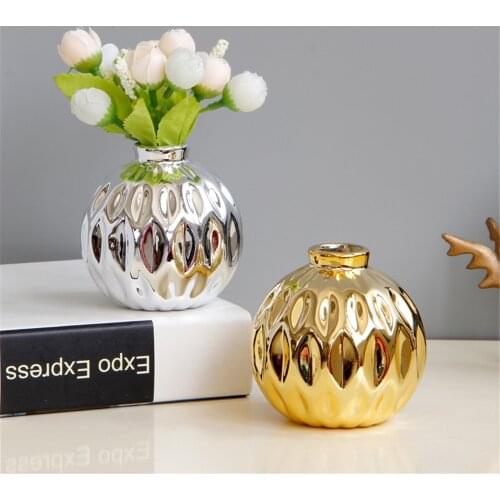 Luxurious Golden Ceramic Vase Electroplating Silver Dry Flower Bottle Scandinavian Storage Jar Desktop Decor Organizer Vase
