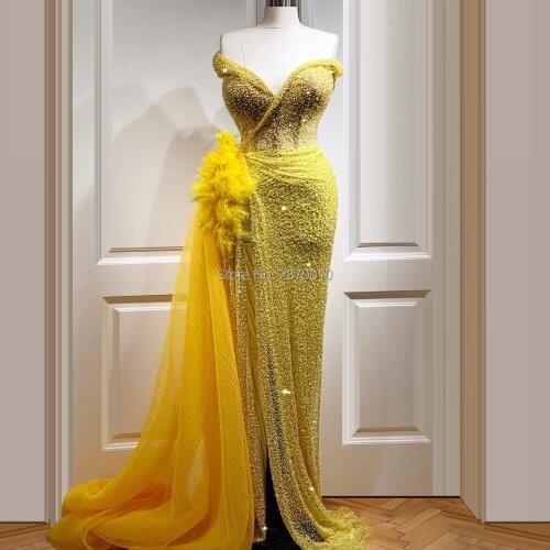 Luxury Yellow 2020 Evening Dress Sheath Floor-Length Feathers Beads Sequins Robe De Soiree Aibye Prom Dress Middle East Dubai