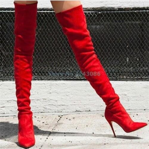 Red Orange Brown Black Pink Yellow Over The Knee Long Boots Faux Suede Thin High Heel Boots Spring Autumn Mid-Thigh Lady Boot