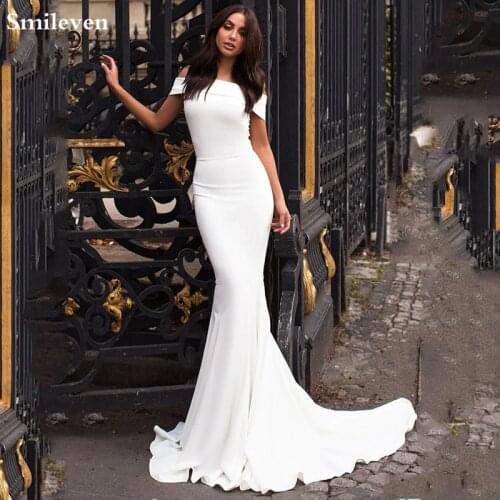 Smileven Beach Wedding Dress Off The Shoulder Satin Mermaid Bride Dress Long Vestido De Noiva Sweep Train Bridal Gowns