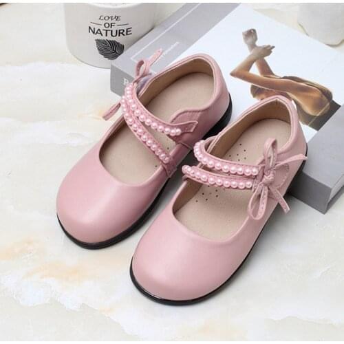 Girls Mary Jane Shoes Children Bridesmaids Pump Shoes Girls Pearl Bowknot Slip on Ballerina Flats Kids Pink White School Shoes
