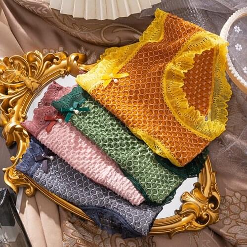 Wasteheart New Women Fashion Yellow Cotton Lace Mid Waist Panties Underwear Lingerie Briefs Underpants Brief Seamless M L XL