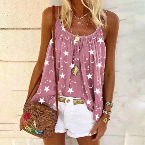 2021 Summer Sexy O-Neck Sling Sleeveless Blouse Shirt Women Star Moon Print Loose Tops Lady Off Shoulder Plus Size 5XL Blusa