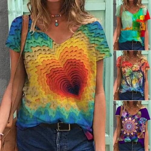 Tee Shirt Femme V Neck Butterfly Printed Loose Blouse Women Street Style Casual Short Sleeve T-Shirts Womens Summer Clothing