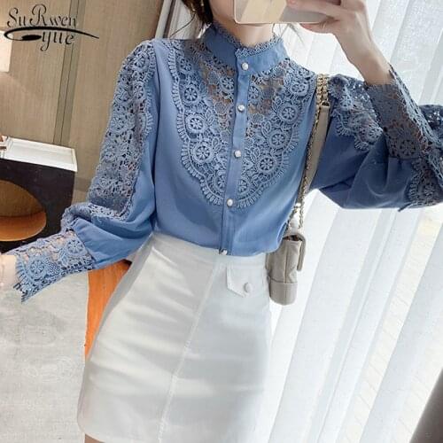 New Korean Lace Stitching Shirt Spring Chic Hollow Flower Buttons Ladies Top Sweet Stand Collar Long Sleeve Blouse Women 12948