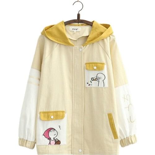 Women Hooded Jacket Zipper Designer Cartoon Embroidery Patchwork Jackets Korean Ladies Coat 2020 Autumn Chaqueta Mujer Tops