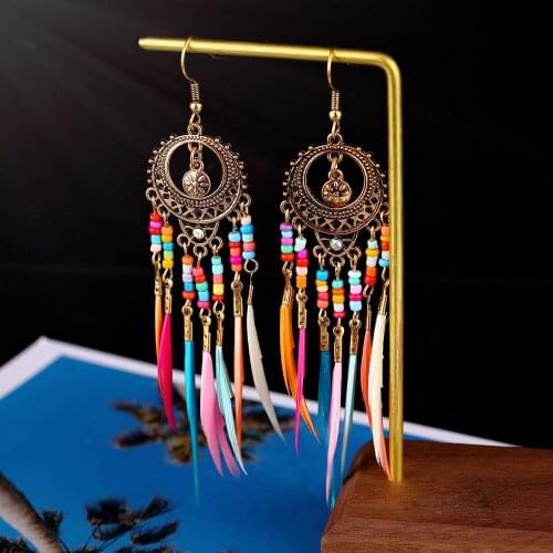 VKME Bohemian Rainbow Wood Beads Feather Earring For Women Vintage Ethnic Golden Long Tassel Earrings Jewelry Wholesale