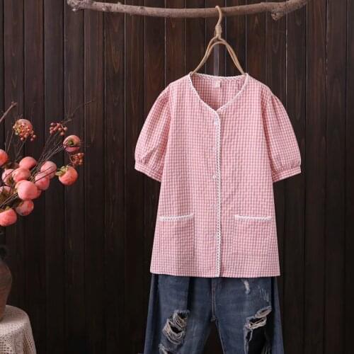 Plaid short sleeves cotton women t shirts 2021 Casual summer plus size ladies tee shirts V-Neck tshirt female