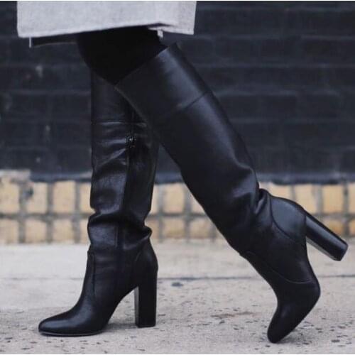 Hot Selling Black Leather Women Knee High Boots Pointed Toe Chunky Heels Winter Long Boots Zipper Banquet Dress Shoes Plus Size