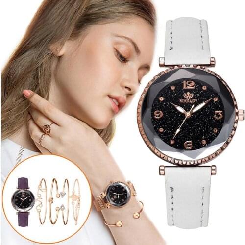 Fashion 5PC Womens Quartz Leather Band Watch Analog Steel Wrist Bracelet Watch Set Retro Round Luxury Reloj Mujer Ladies Clock