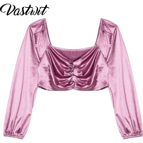 Women Plus Size Satin Pure Color Crop Tops Long Puff Sleeve Square Neck Ruched Front Sexy Blouse for Party Wedding