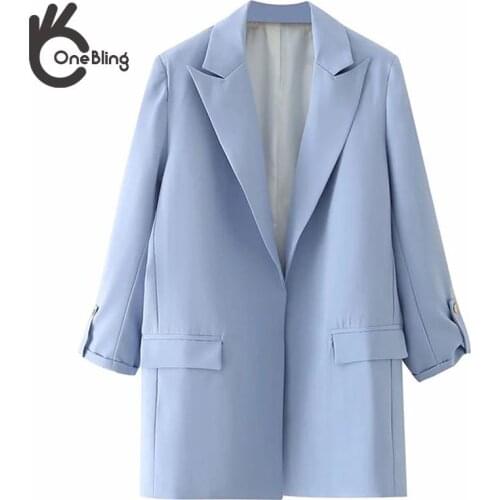 OneBling Za Woman Traf Blazer Jacket Fall Chic Blue Office Casual Coats Vintage Roll Up Sleeve Female Outerwear Fake pocket