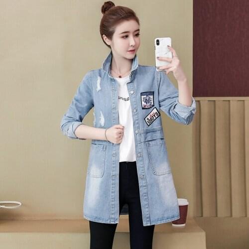 Printed Denim Trench Coat Women Tops Wild Slim Loose Womens 2020 Mid-length Sky Blue Denim Coat Female Windbreaker Cotton Q235