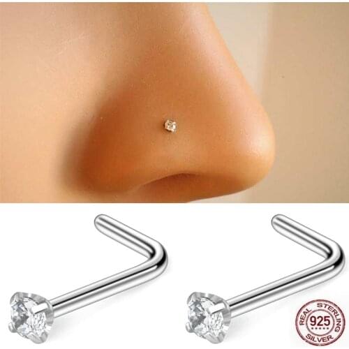 925 Sterling silver L Shape nose stud 2mm clear crystal Nose Piercing Body Jewelry 20pcs/pack