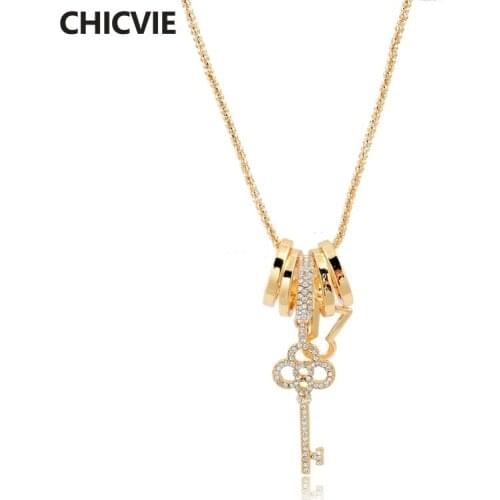 CHICVIE Luxury Boho Gold Key Long Necklaces & Pendants For Women Silver Crystal Vintage Accessories Jewelry Necklaces SNE160009