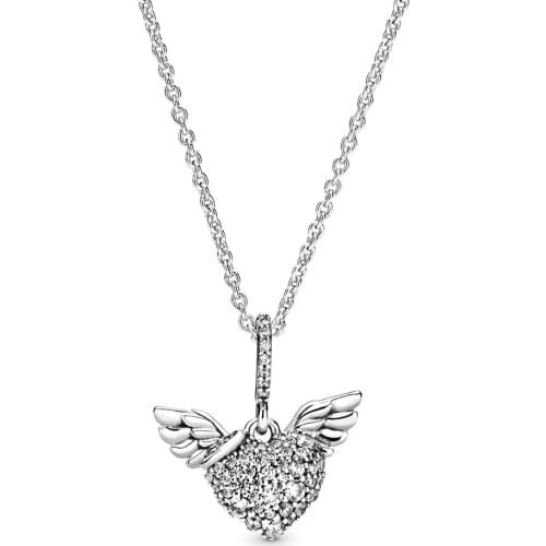 2019 NEW 100% 925 Sterling Silver Pave Heart and Angel Wings Necklace Clear CZ Fit Girl Gift Original Jewelry Clavicle Chain