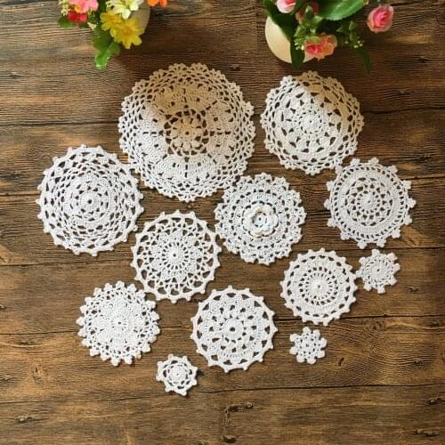 24Pcs 100% Cotton Hand Made Crochet Doilies Cup Mat Pad Coaster 12 Vintage Crochet Motifs 5-18cm White Beige HD044