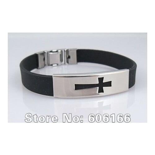 36pcs/lot Cross Bracelets Black Silicone ID Bracelets Stainless Steel Bracelet Fashion Religious Jewelry