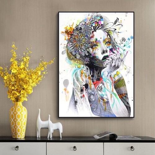 Watercolor Beautiful Girl with FLowers Canvas Paintings Colorful Mosaic Posters and Print Wall Art Pictures for Living Room