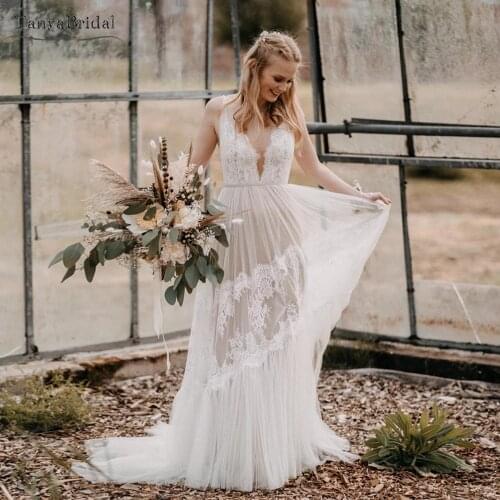 Bohemian Wedding Dresses V-Neck Backless Romantic Dreamy Bridal Gowns Full Skirts Fairy Vestido de Noivas DW377