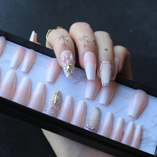 Coffin false nails Press on nails Box gift ombre Nude Crystal caviar Shaped drill Trapezoid fake nails Glitter beads French