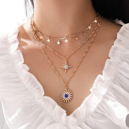 HI MAN 3Pcs/Set European Mixed Shiny Zircon Star Sun Pendant Necklace Women Exquisite Party Jewelry Gifts Wholesale