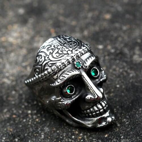 Retro Creativity Stainless Steel Face Skull Ring Green Eyes Crystal Flowers Silver Black Cartoon Mens Finger Ring Biker Jewelry