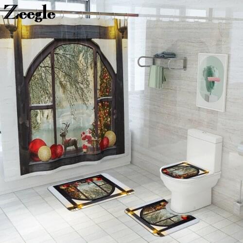 Bath Mat and Shower Curtain Set for Christmas Toilet Carpet Non Slip Bath Mat Bathroom Absorbent Mats Bath Rug Machine Made