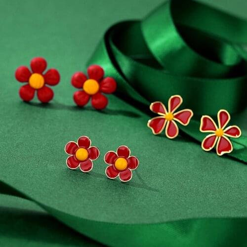 Red Flower Earrings For Women Fashion Accessories Cute Simple Elegant Plant Stud Ears Good Gift S925 Needle