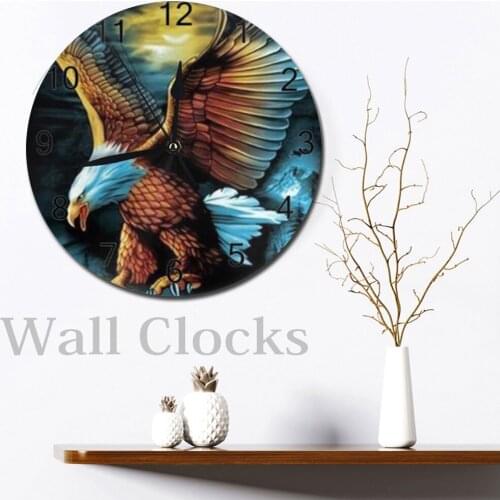 Eagle Animal Round Wall-Clocks Decor Numeral Digital Dial Mute Silent Digital Clocks Battery Operated Clocks Living Room Wall