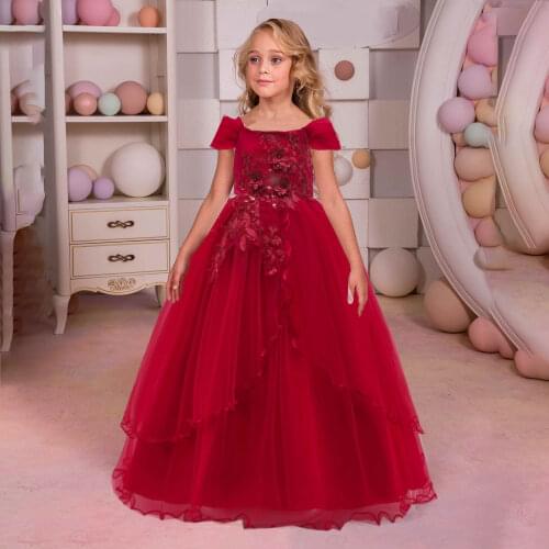 Lace Formal Dress for Girls Costume Embroidery Wedding Princess Children Tailing Girls Dress Tutu Host Flower Party Kid Clothes