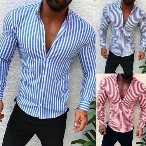 Men Casual Turn Down Collar Long Sleeve Vertical Stripes Slim Buttons Shirt