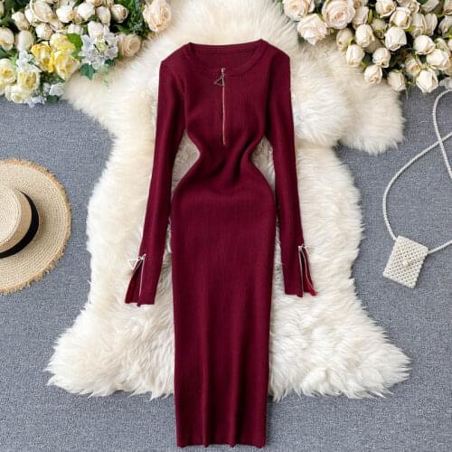 Slim zipper sexy split Sleeve Autumn Bodycon Knitted Sweater midi Dress casual Winter Party Women sheath pencil dress