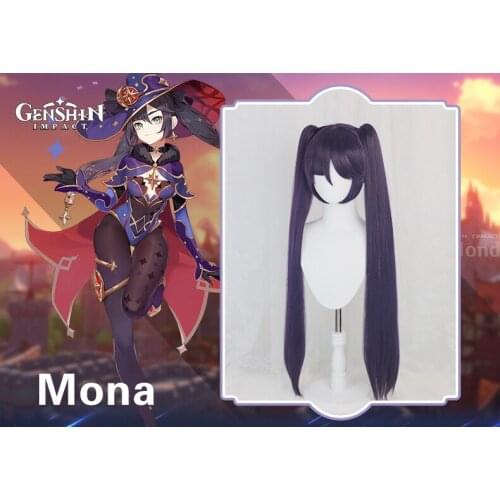 Anime Genshin ImpactGame Genshin Impact Mona Megistus Cosplay Wig Astral Reflection 90cm Purple Twin Tail Wig+Free Wig Cap