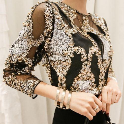 Luxury Runway Designer Womens Sheer Blouse Handmade Beading Female Sexy Blousas Shirt Party Elegant Spring Summer Tops NS537