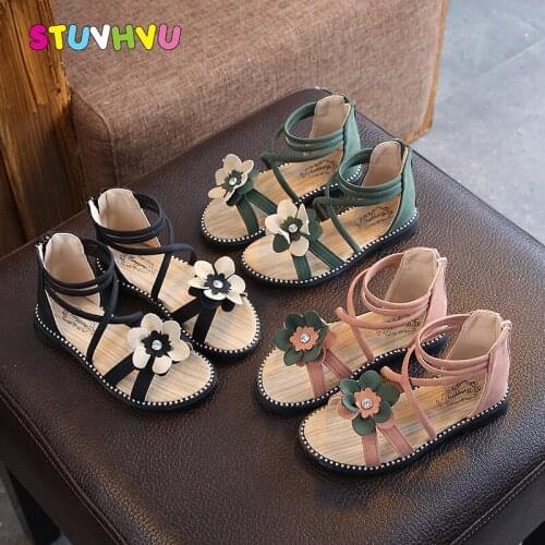 Girls Flower Sandals 2020 New Summer Children Roman Shoes Non-slip Leather Kids Sandals Flats Princess Shoes for Girls Sandals