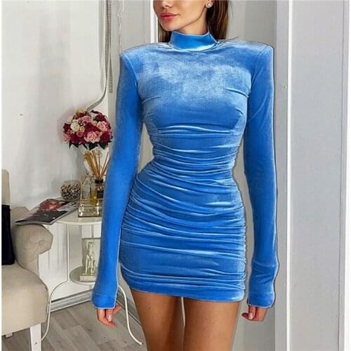 Sexy Bodycon Velvet Mini Dress Women Autumn Long Sleeve High Neck Party Dresses Female Velvet Sheath Dress Robes Vestido