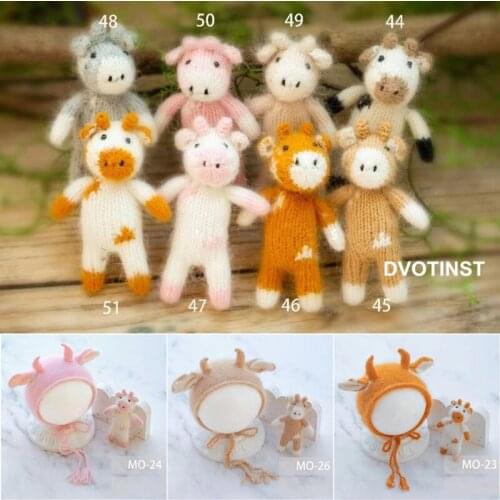 Dvotinst Newborn Baby Photography Props Knitted Crochet 2021 Cute Cow Doll Hat Bonnet 2pcs Fotografia Studio Shoots Photo Props
