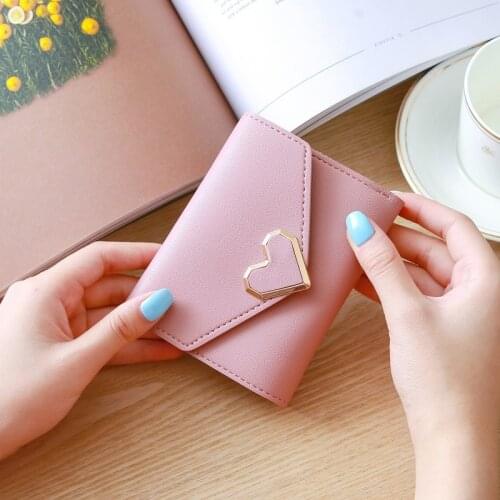 New Cute PU Leather Purse Heart-shaped Decoration Short Multi-card Wallet Purse Buckle Clutch Mobile Student Womens Wallet