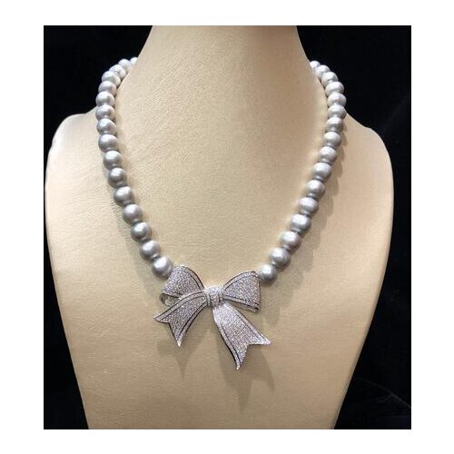 Hand knotted natural 9-10mm nearl round fresh water gray pearl temperament micro inlay zircon bowknot necklace fashion jewelry