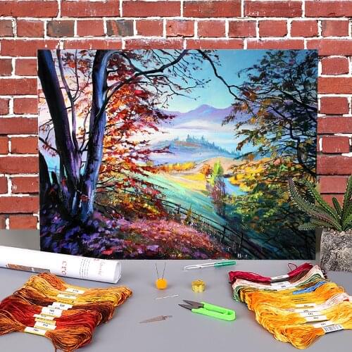 Landscape Morning Fogs Printed Fabric 11CT Cross-Stitch DIY Embroidery Set DMC Threads Handiwork Knitting Needlework Package