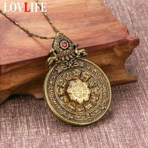 Vintage Brass Buddhist Tantra Eight Diagrams Tag Car Keychain Pendant Jewelry Pure Copper 12 Zodiac Animal Lucky Hanging Movable