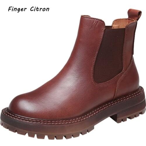 Finger Citron Genuine Cow Leather Women Chelsea Boots With Elastic Round Toe Rubber Outsole By Handmade Lady Style Size 35-42