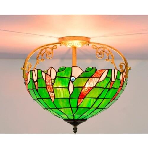 40cm American Pastoral Green Color Beads Colored Glass Restaurant Bedroom Corridor Corridor Glass Semi-Hanging Ceiling Lamp