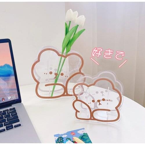 Cute Bear Egg Acrylic Pen Holder Kawaii Flower Vase Ornaments Multifunctional Desktop Organizer Storage Box School Stationery