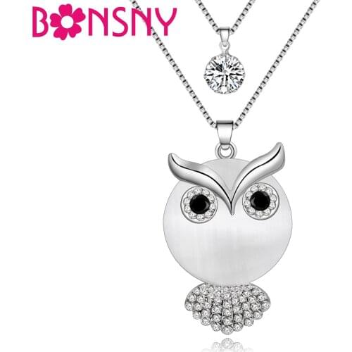 Bonsny Statement Alloy Opal Owl Necklaces Pendants Long Rhinestone Chain Collar New Trendy Accessories Animal Jewelry For Women
