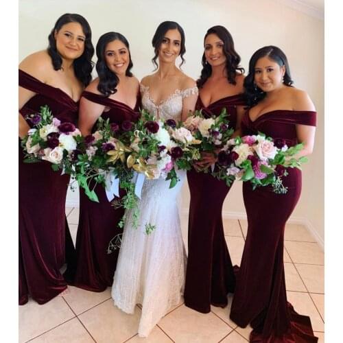 Burgundy Bridesmaid Dress Mermaid Off The Shoulder V-Neck Backless Pleat Floor Length Wedding Party Gowns Custom Made 2021