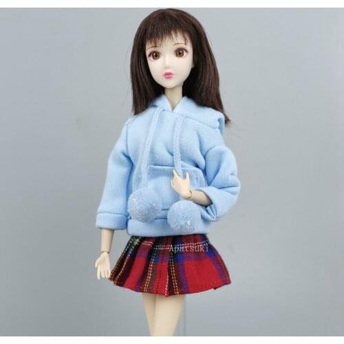 Blue Fashion Sweatshirt Hoodies Red Pleated Skirt Clothes For Barbie Doll Outfits Set For 1/6 BJD Dolls Accessories Kids Toys
