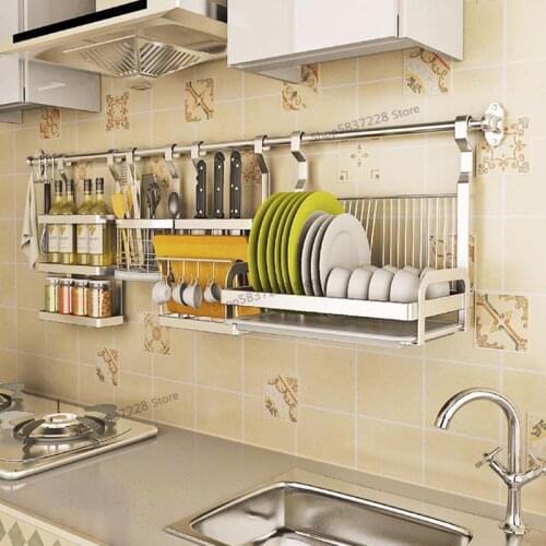 Stainless steel kitchen racks free of perforated hanging rods wall-mounted tableware drain rack seasoning storage rack