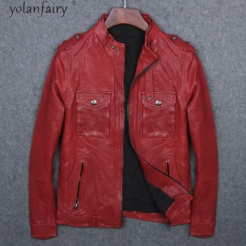2021 New Fashion Real Genuine Leather Jacket Men Sheepskin Coat Stand Collar Short Red Motorcycle Jackets and Coats Veste Homme